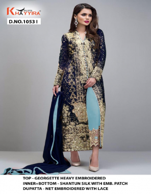 blue  top - georgette heavy embroidery | bottom + inner - santoon with embroidery patch | dupatta - net embroidery | type -semi stitch  fabric embroidery work running  