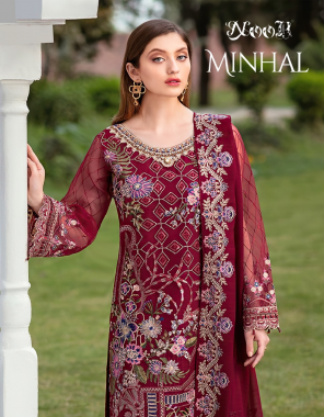 marron top -georgette with heavy embroidery | bottom + inner - dull santoon with patch | dupatta - chiffon with heavy embroidery (pakistani copy) fabric embroidery  work wedding  