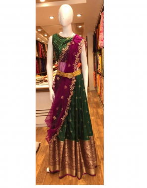 green lehenga - kanjivaram silk 3.20m|blouse - banglori satin 1m | dupatta - organza 2.20 fabric embroidery  work running  