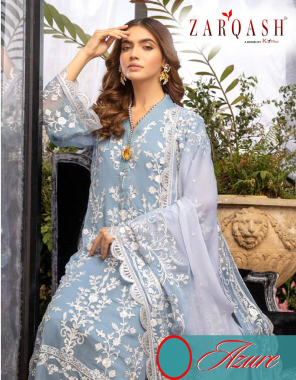 sky  top - fox georgette heavy embroidery | inner+bottom - heavy santoon with patch | dupatta - heavy nazmin embroidery | type -semi stitch fabric embroidery work ethnic  