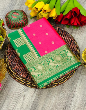 pink green soft lichi silk fabric weaving jari work ethnic  