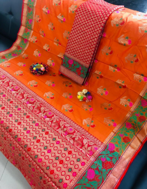 orange soft lichi silk fabric weaving jacqaurd  work party wear  