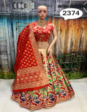 red lehenga - brocade silk semi stitch size upto42 length 42 | blouse - pure silk free size upto 42 full stitch | dupatta - pure banarasi silk fabric jacqaurd  work casual  