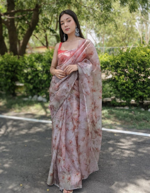 light peach saree - organza silk | blouse - banglori silk readymade free size 38 + margin stitch  fabric digital print work wedding  