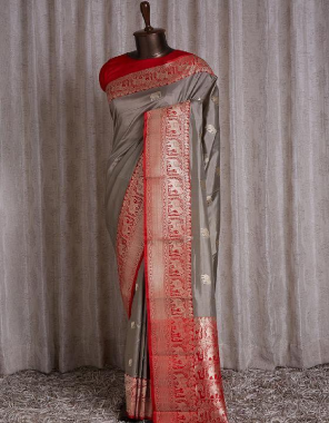 grey soft kanjivaram lichi silk fabric weaving jacqaurd  work wedding  