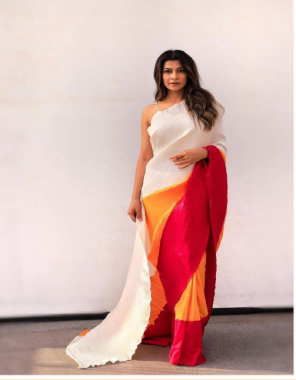 white orange red saree -georgette | blouse - banglori silk fabric plain work wedding  