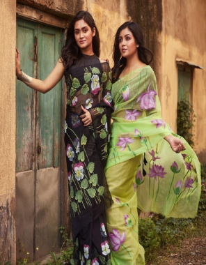 black parrot saree - organza | blouse - banglori silk fabric digital print work wedding 