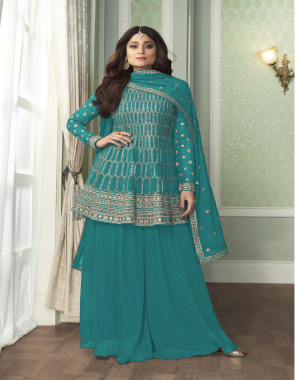 rama sky top - real georgette |sleeve - real georgette | plazzo -crush georgette semi stitch |dupatta - georgette | inner -santoon | type -semi stitched  fabric embroidery work ethnic  