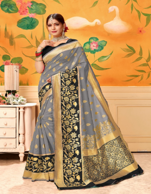 grey saree -banarasi weaving lichi silk with rich body work | blouse- plain blen cotton fabric weaving jacqaurd  work festive 