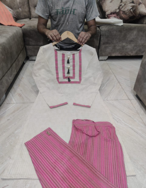 white pink cotton khadi | kurti length 42 | pant length 39 fabric printed work wedding 