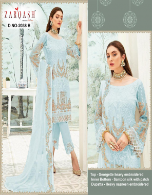 sky top - georgette heavy embroidery | bottom + inner- santoon silk with patch |dupatta - heavy nazmeen embroidery fabric embroidery work casual  