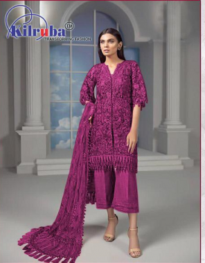 dark pink top -super net embroidery seqeunce |bottom + inner - santoon |dupatta -super net | type -semi stitched | size -fit upto 56 fabric embroidery seqeuence work work casual  