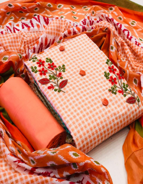 orange top -pure cotton print 2.50m |bottom -pure cotton print 2.50m | dupatta -cotton fancy printed 2.25m fabric printed embroidery work casual  