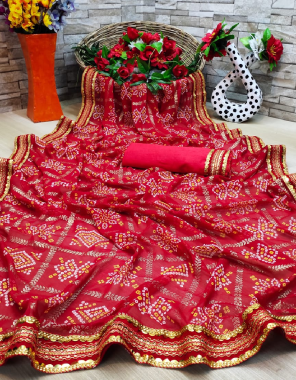 red  saree - georgette | blouse - banglori silk  fabric badhani print gotta patti  work festive  