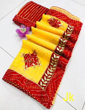 yellow saree - cotton zari chex | blouse -badhani print  fabric zari chex gotta patti work casual  