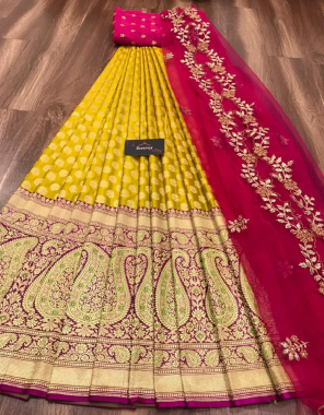yellow lehena -kanjivaram silk 3m |blouse - banglori 0.80m |dupatta - organza 2.50m fabric embroidery work wedding  