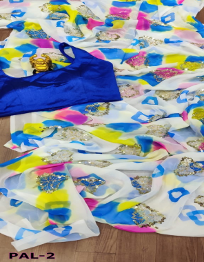 white blue saree - georgette digital print | blouse -banglori silk fabric seqeunce work running  