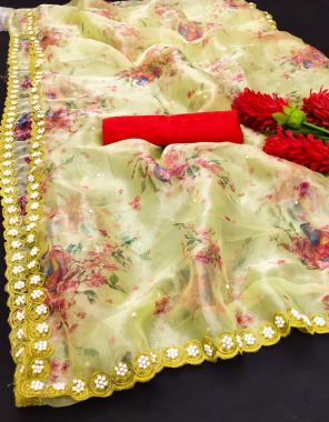 yellow organza silk fabric embroidery border stone work and digital print work festive  