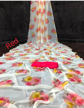 white red georgette fabric printed work running 