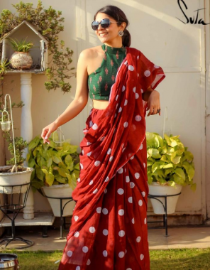 red mal mal chanderi saree with running blouse  fabric digital print work festive  