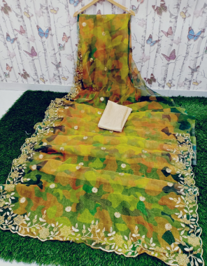 yellow  saree -soft pure organza | blouse -banglori silk fabric embroidery stone work party wear  