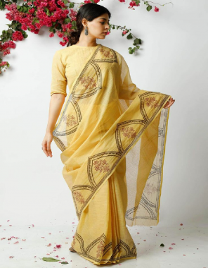 yellow saree - soft linen with digital print jari border |blouse -running soft linen fabric printed work running  