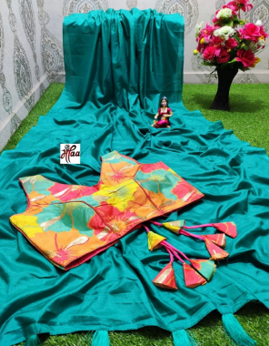 sky rama saree -dola silk |blouse -fancy full stitch size 42 to 44 fabric plain work festive  
