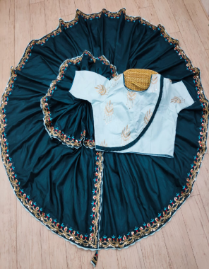 rama green saree - pure dola silk | blouse - fancy full stitch 38 upto 44 fabric embroidery seqeunce work party wear  