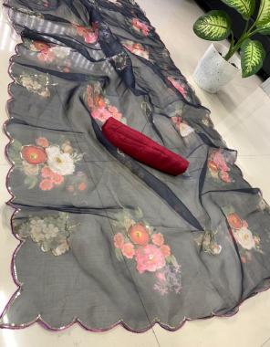 black saree -soft organza |blouse -banglori silk fabric digital printed seqeunce work party wear  