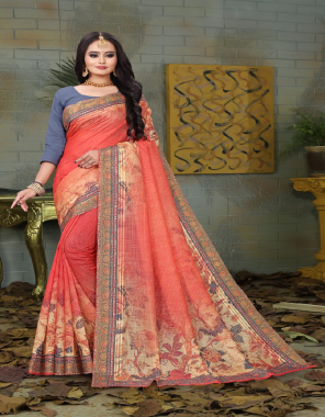 orange  saree -pure soft cotton | blouse - heavy banglori fabric digital print work wedding 