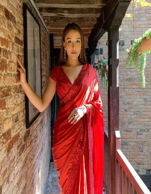 red saree -devsena satin silk |blouse -georgette with embroidery fabric embroidery seqeunce  work running  