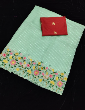 rama parrot saree -pure khadi organza seqeunce embroidery |blouse -banglori satin silk fabric embroidery seqeunce  work running  