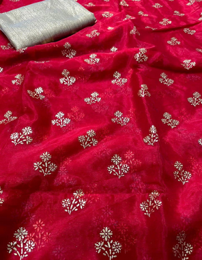 red saree -pure naylon organzawith foli print |blouse -brocades golden fabric foil print work festive 