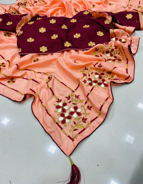 orange saree -dola silk | blouse -embroidery full stitch 38+magrin 3/4 sleeve   fabric embroidery gotta patti work party wear  