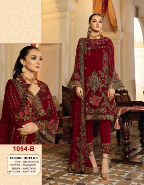 red top -georgette | sleeve -georgette |inner- santoon |bottom -santoon |dupatta -2.30m nazmeen |size -max upto 52| length -max upto 40 | type -semi stitched fabric embroidery work casual  