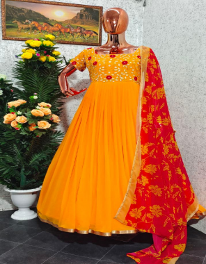 yellow gown -georgette with embroidery with micro cotton inner length 53-55 flair 3m full stitch upto42 |bottom -micro cotton |dupatta -fox georgette 2.20m | type -full stitched fabric embroidery work party wear  