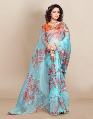 sky saree -soft organza |blouse -banglori silk fabric digital print seqeunce work ethnic  