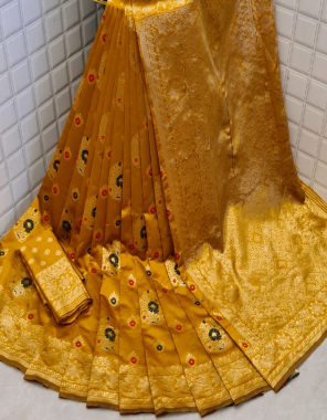 yellow soft lichi silk fabric weaving jacqaurd work festive  