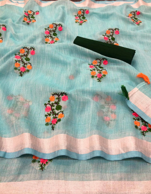 sky saree -soft linen silk | blouse -banglori silk fabric embroidery work party wear  