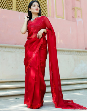 red saree -soft organza silk | blouse -banglori satin fabric embroidery work festive 
