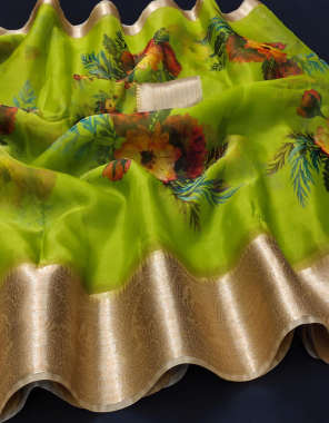 parrot kanchipuram organza fabric digital printed with jacqaurd border work festive 