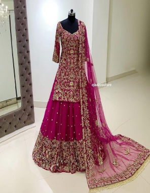 pink lehenga -georgette with embroidery |inner -satin silk |dupatta -georgette |waist -44+ |length 42 |flair -2.40m | type -semi stitched fabric embroidery work ethnic  