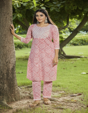 light pink kurti -pure cotton with schiffli inner |pant -pure cotton printed fabric fancy printed work wedding  