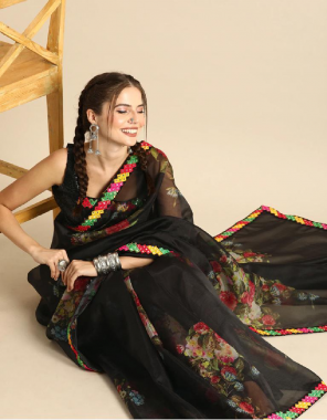black saree -pure organza | blouse -banglori silk fabric embroidery  lace with seqeunce work blouse work ethnic 