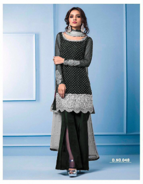 black top -georgette with heavy embroidery diamond work |inner -heavy santoon |bottom-heavy santoon with embroidery |dupatta -net with four side lece |size -52 inch |length -47 |type -semi stitched fabric embroidery diamond  work ethnic  