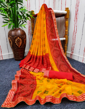 yellow red saree -georgette |blouse -banglori fabric badhani gotta patti work festive 