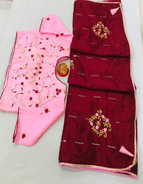 marron saree -dola silk |blouse -banglori silk stitched 38 ready up to44 fabric zari seqeunce embroidery work festive 