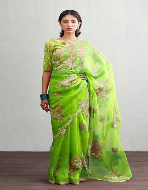 parrot saree-soft organza thread seqeunce |blouse -pure banaglori satin  fabric embroidery seqeunce work party wear  