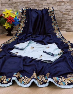 sky rama  saree -dola silk | blouse -full stitch embroidery gotta patti work fabric gotta patti seqeunce work wedding 