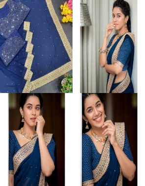 blue saree -georgette silk |blouse -heavy satin banglori fabric embroidery seqeunce coding work wedding 